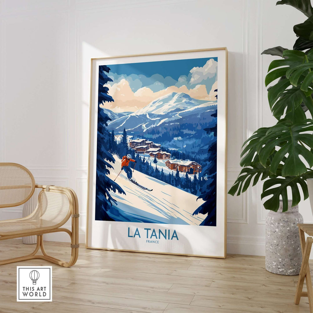 La Tania ski poster showcasing a serene winter landscape and ski slopes in France, perfect for nature lovers and skiers.