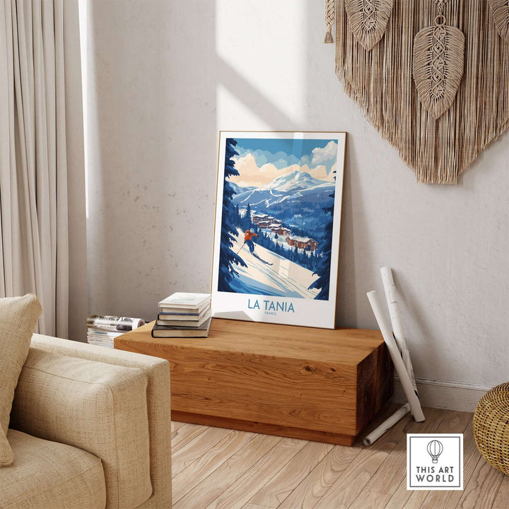 La Tania ski poster displayed in a cozy living room, showcasing stunning snowy mountain scenery and vibrant colors.