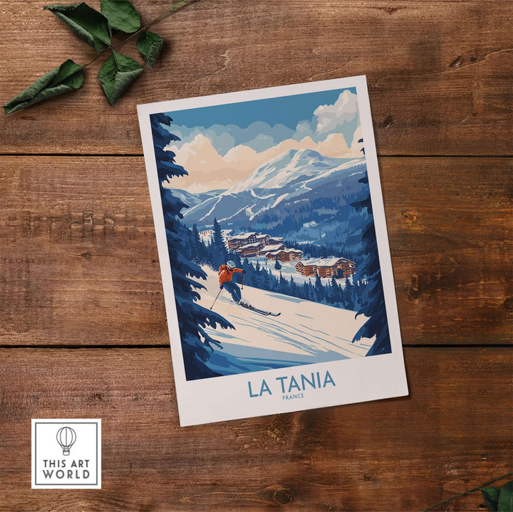 La Tania ski poster featuring a scenic winter landscape and skier in the French Alps, perfect for ski enthusiasts.