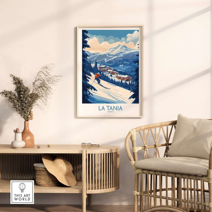 La Tania ski poster displayed in a cozy living room setting, showcasing beautiful snowy mountains and resort scenery.