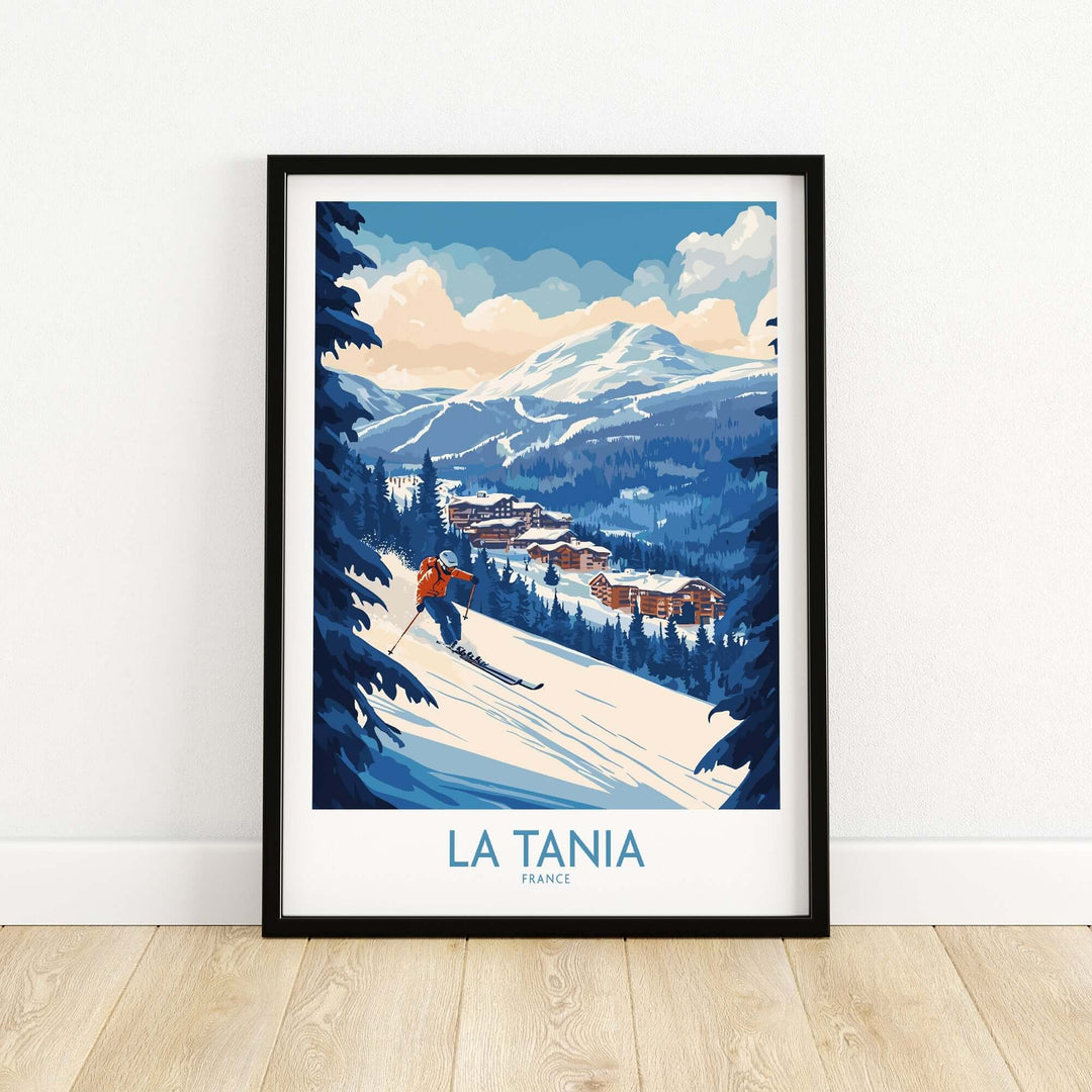 La Tania ski poster featuring a skier on a snowy slope with mountain scenery, perfect for ski and nature enthusiasts.