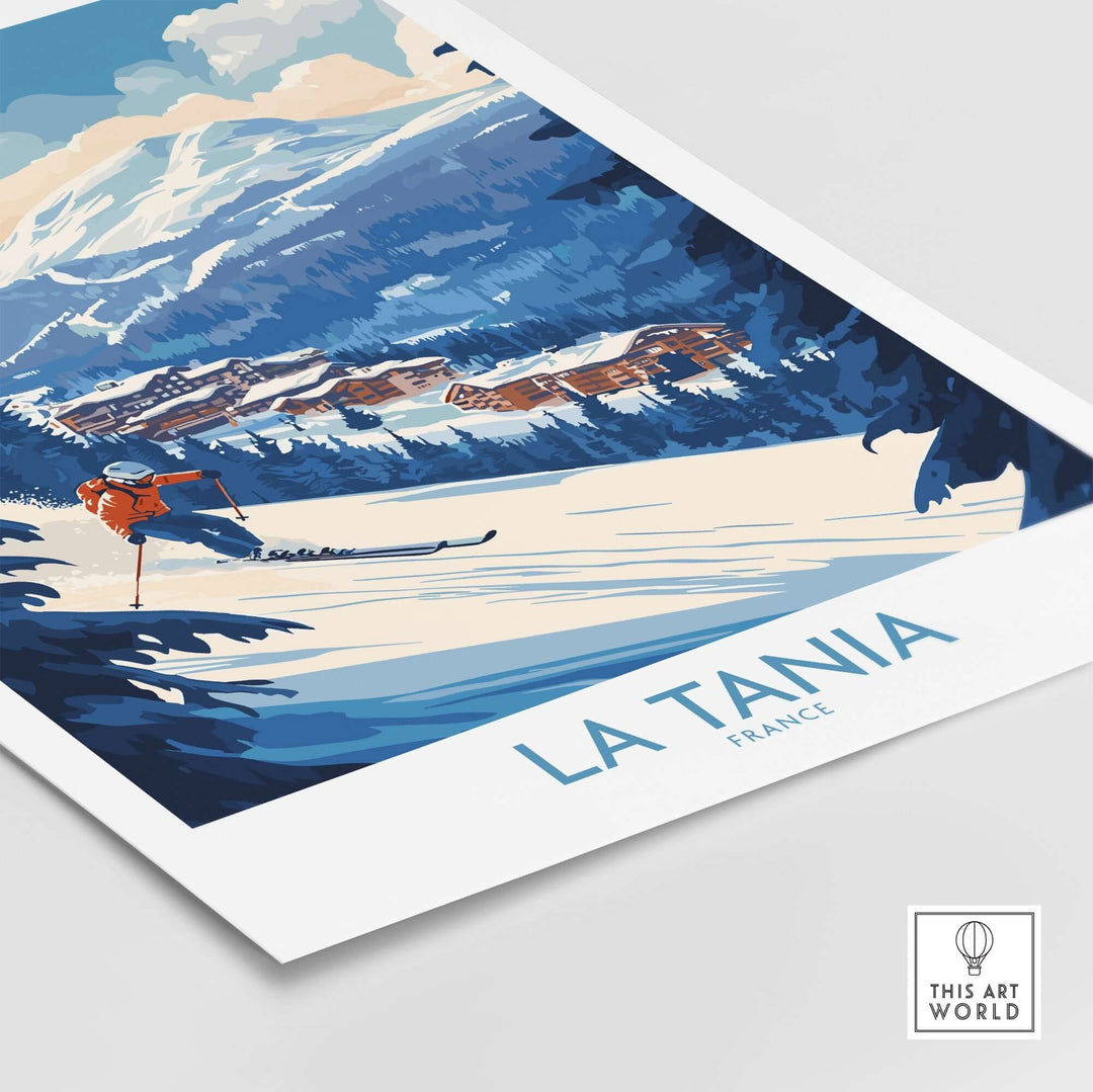 La Tania ski poster showcasing picturesque mountains and skiing scene in France, perfect for nature and ski enthusiasts.