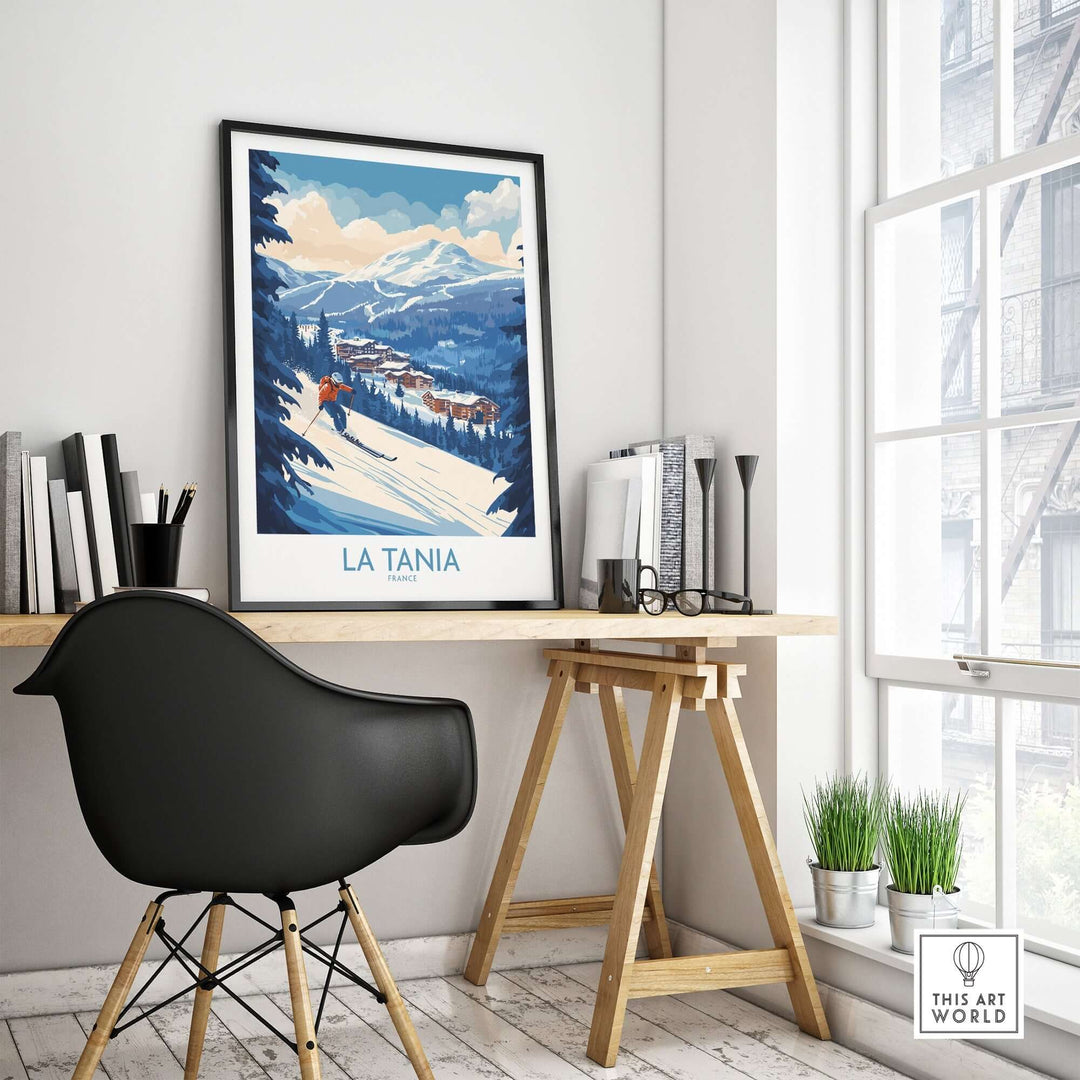 La Tania ski poster displayed in a modern workspace, showcasing stunning mountain scenery and vibrant colors.