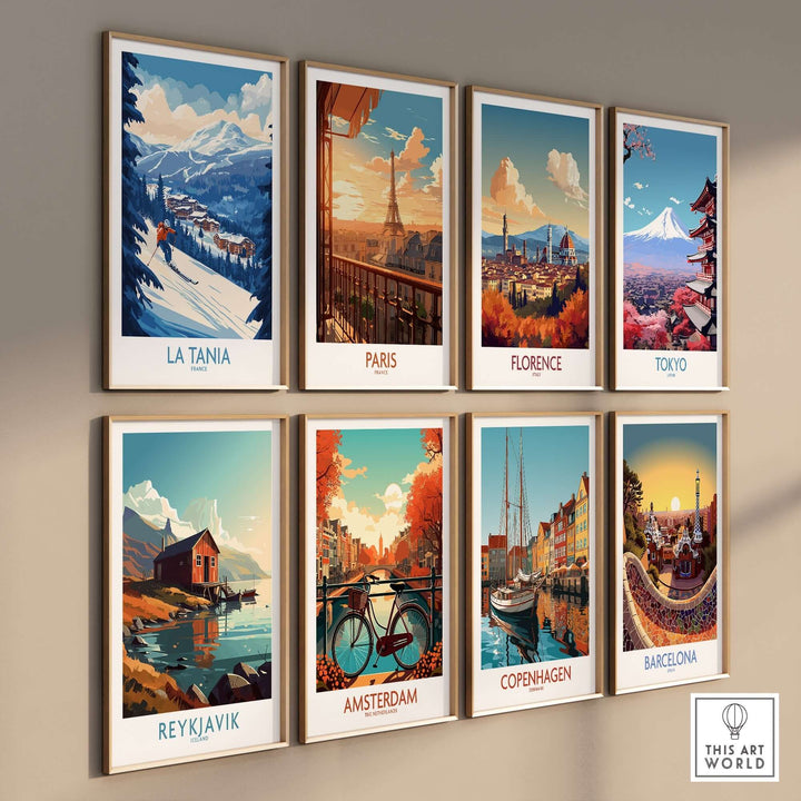 La Tania ski poster and colorful city travel posters displayed on a wall, showcasing iconic global landmarks and stunning landscapes.