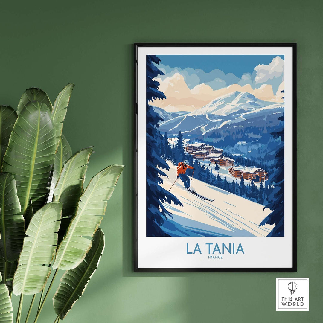 La Tania ski poster featuring snow-covered slopes and charming resort scenery in a stylish frame against a green wall.