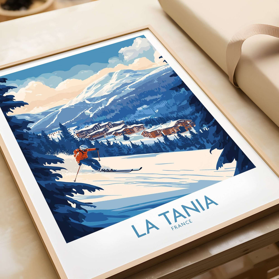 La Tania ski poster featuring a skier in scenic mountains, capturing the beauty of the French ski resort.