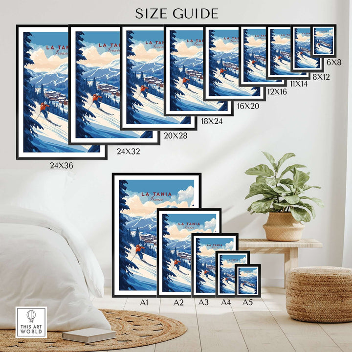 Size guide for La Tania Ski Print, showcasing various frame sizes and a serene mountain design in a stylish room setting.