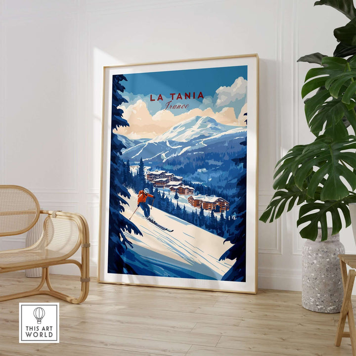 La Tania Ski Print featuring a snowy landscape with skiers, perfect for home or office decor celebrating skiing.