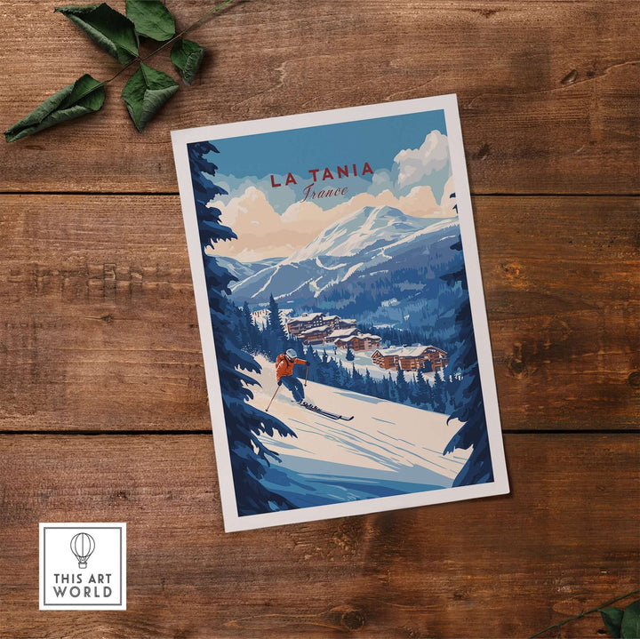 La Tania Ski Print featuring a skier in a snowy landscape with mountain scenery, perfect for ski enthusiasts and home decor.