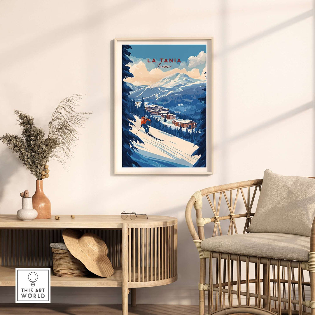 La Tania Ski Print displayed in a stylish room, showcasing a vibrant mountain skiing scene and cozy decor elements.