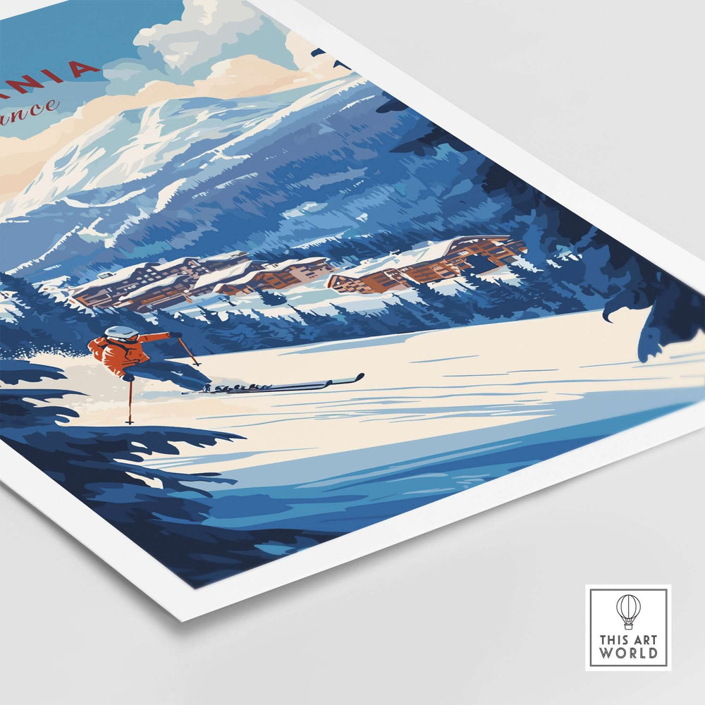 La Tania Ski Print featuring a skier on snowy slopes with mountains and charming chalets in the background. Perfect for winter décor.