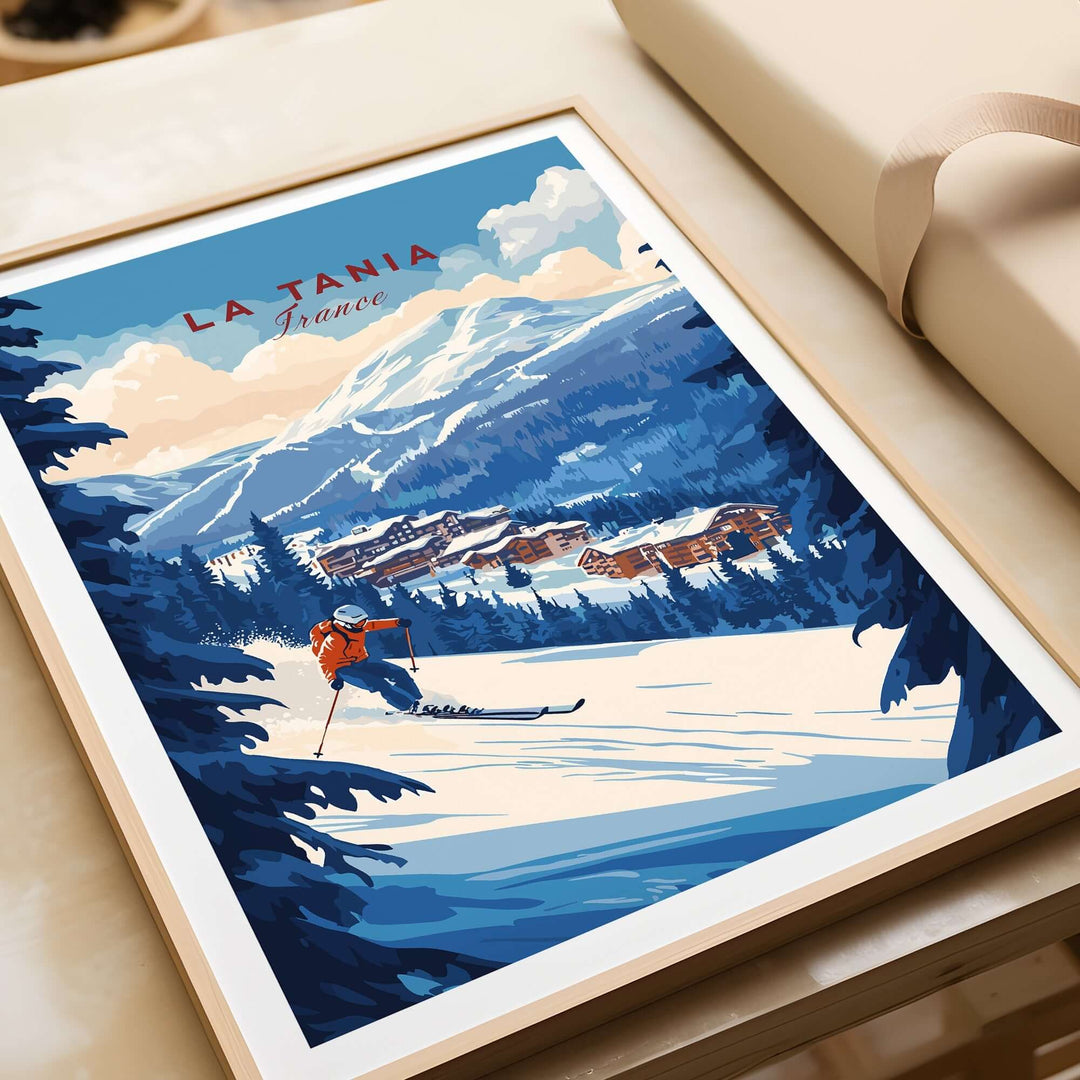 La Tania Ski Print featuring a skier on snowy slopes with mountains and wooden chalets in the background. Perfect for home decor.