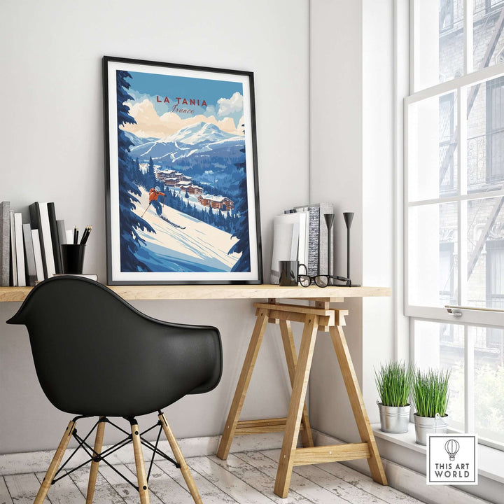 La Tania Ski Print displayed in a modern workspace, capturing the essence of skiing and mountain scenery.