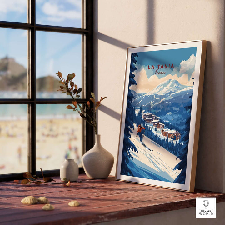 La Tania Ski Print showcasing a vibrant mountain landscape, capturing the thrill of skiing, displayed in a stylish interior setting.