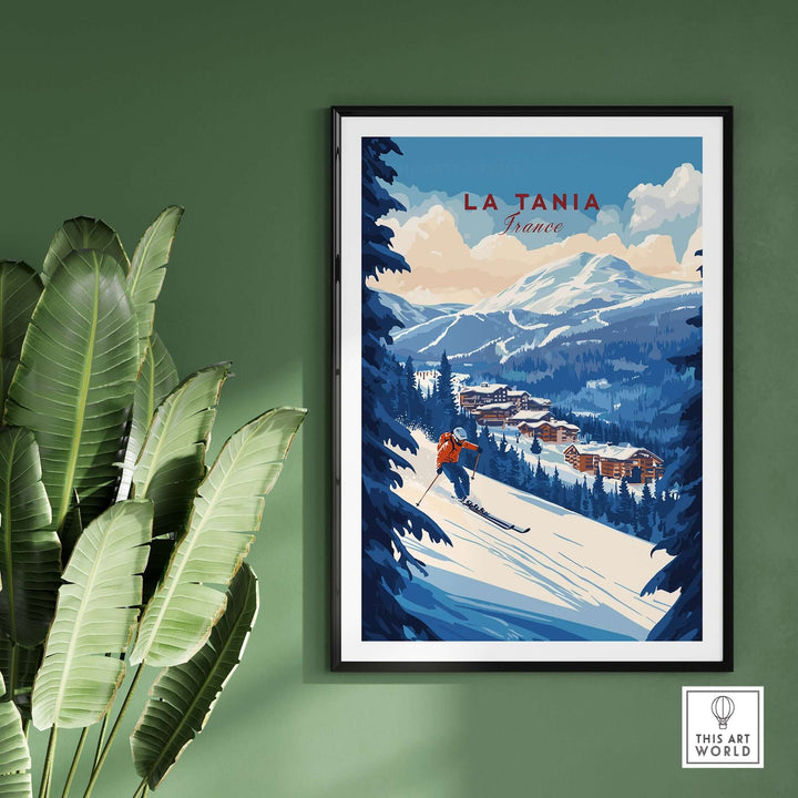 La Tania Ski Print featuring a skier in snowy mountains, perfect for home or office decor celebrating skiing in France.