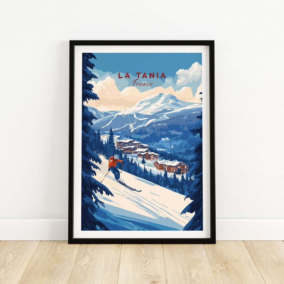 La Tania Ski Print featuring a skier on slopes with picturesque mountains and chalets, perfect for ski enthusiasts' decor.