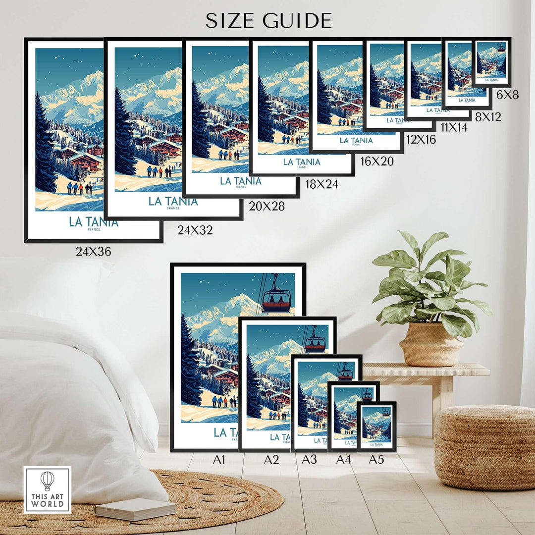 Size guide for La Tania Wall Art Ski Poster showcasing various frame sizes in a cozy living room setting.