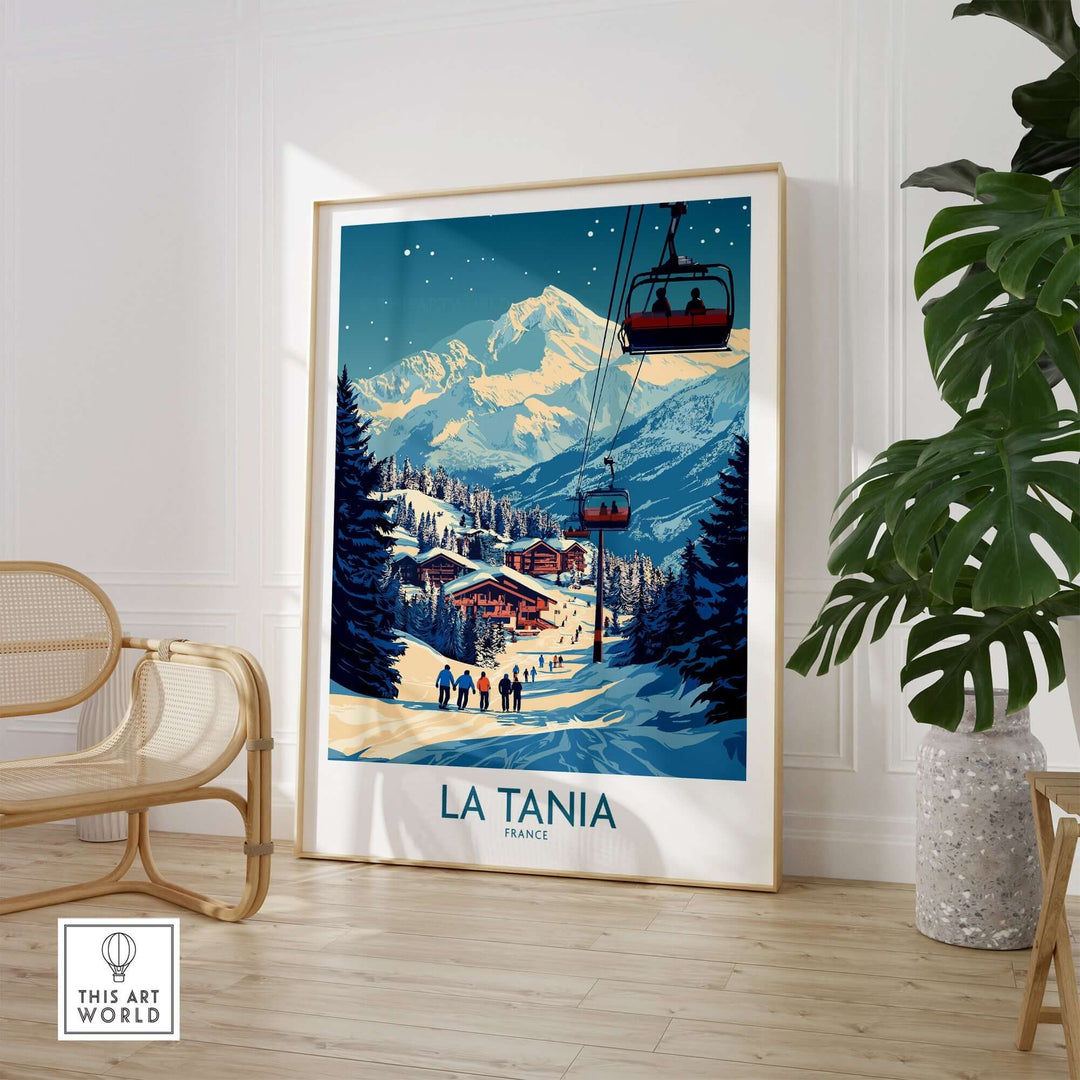 La Tania Wall Art Ski Poster showcasing a scenic ski resort with mountains and chairlifts, perfect for winter sports enthusiasts.