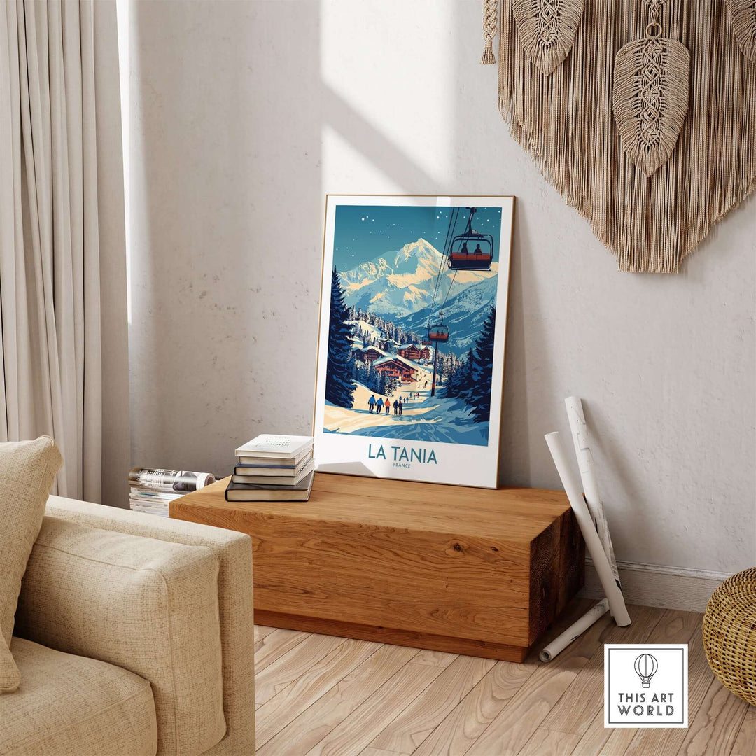 La Tania wall art ski poster showcasing a scenic ski resort in a cozy living room setting, adding winter charm to home decor.