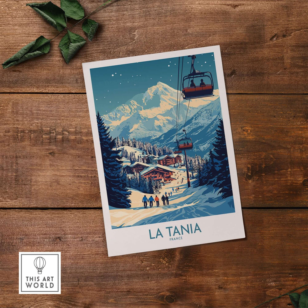 La Tania Ski Poster showcasing a beautiful mountain scene with ski lifts and snow-covered trees, perfect for winter decor.