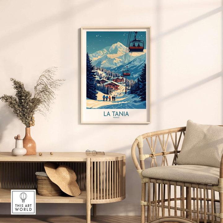 La Tania wall art ski poster displayed in a stylish living area with a mountain scene and cozy decor elements.