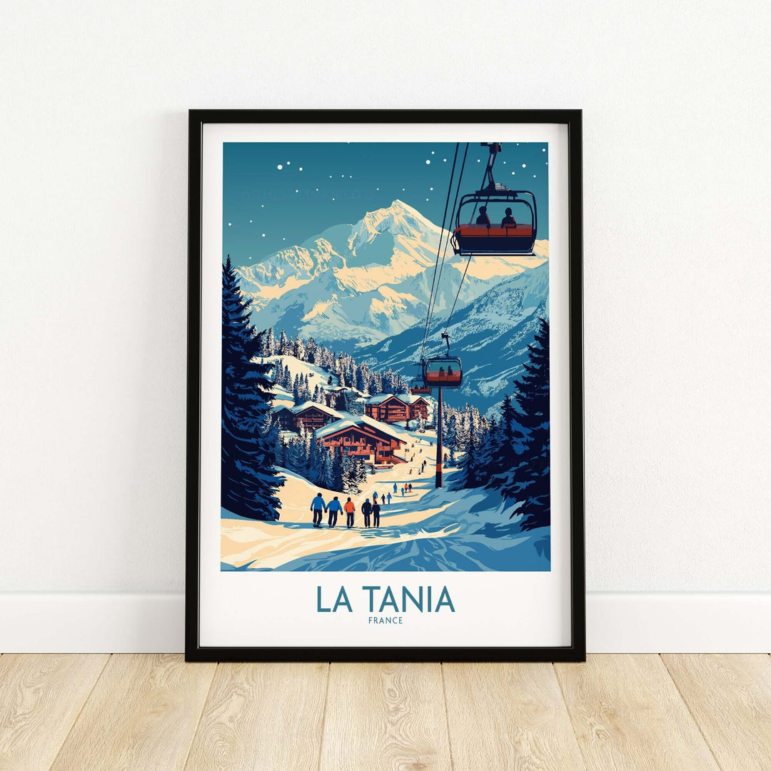 La Tania Wall Art Ski Poster featuring a snowy mountain scene and chairlifts, perfect for winter sports enthusiasts.