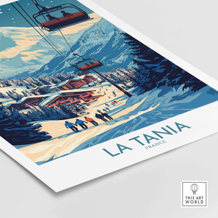 La Tania Wall Art Ski Poster showcasing a winter resort scene in France with skiers and beautiful mountain landscapes.