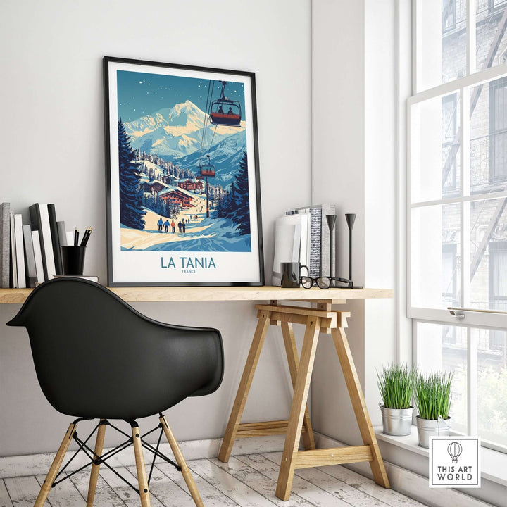 La Tania Wall Art Ski Poster in a modern workspace, showcasing a beautiful ski resort scene and adding winter charm.