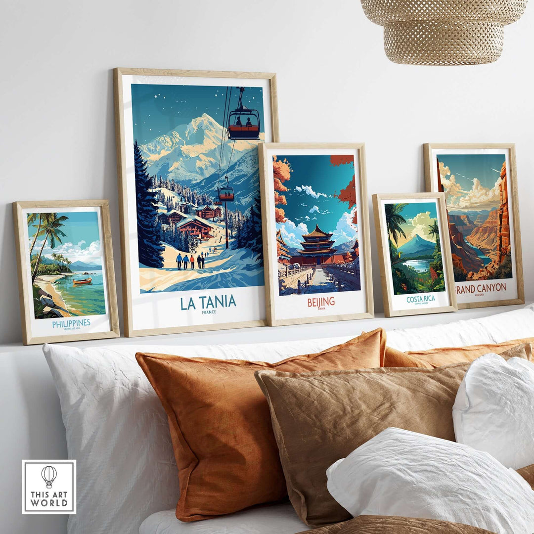 La Tania Wall Art Ski Poster displayed among travel-themed art deco posters in a stylish indoor setting.