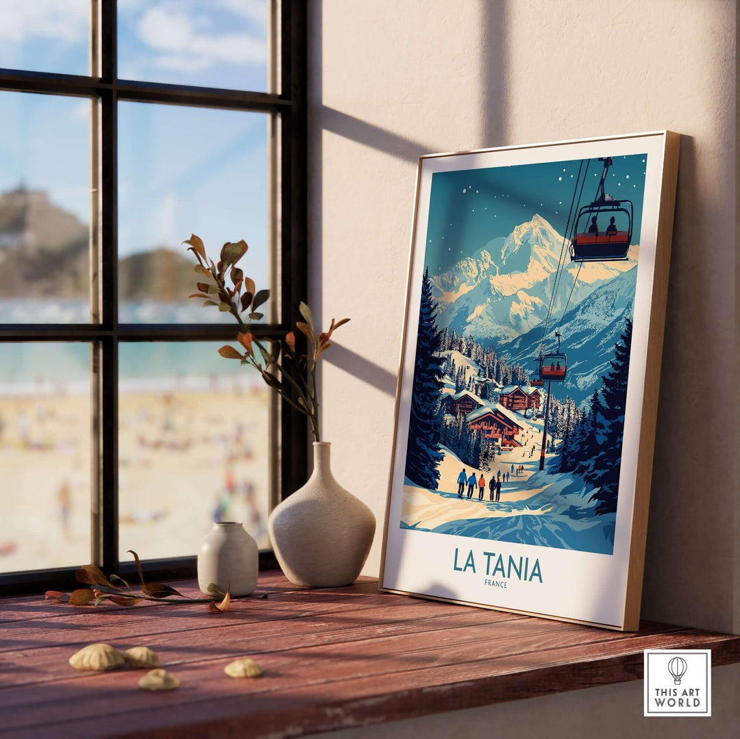 La Tania wall art ski poster featuring a ski resort scene with mountains and a ski lift, perfect for winter sports enthusiasts.