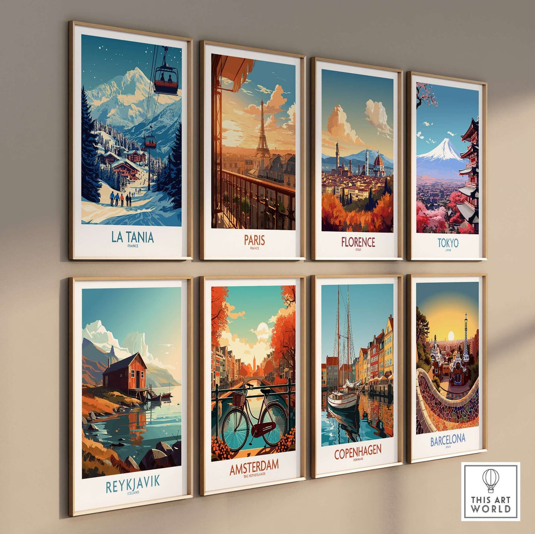 Collection of vibrant travel posters including La Tania, Paris, Florence, Tokyo, Reykjavik, Amsterdam, Copenhagen, and Barcelona.