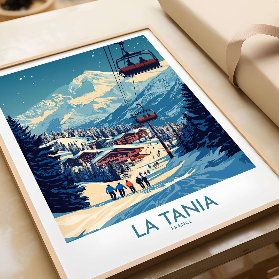 La Tania Wall Art Ski Poster featuring a serene ski resort scene with snow, mountains, and a ski lift in a stylish frame.