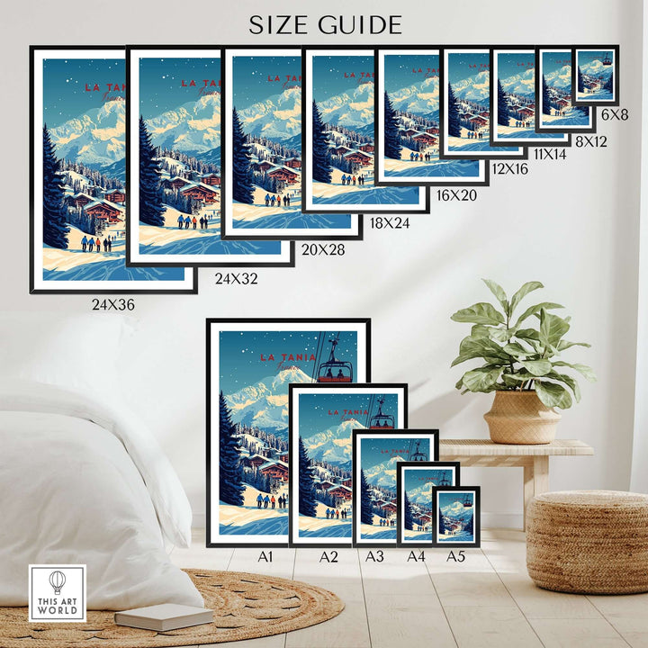 La Tania Wall Art Ski Print size guide showcasing various frame sizes in a cozy interior setting.