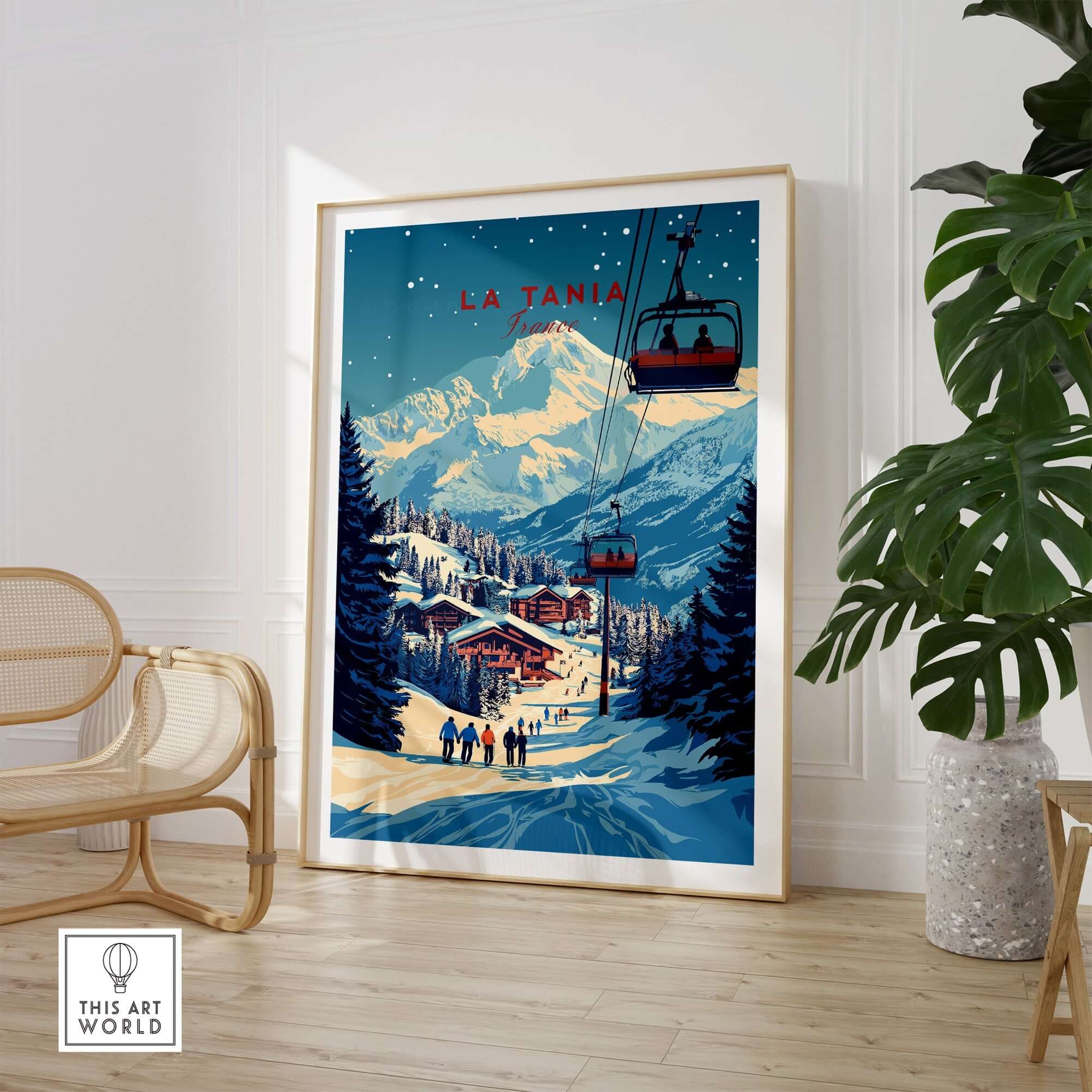 La Tania Wall Art Ski Print featuring a ski lift and alpine village, adding a touch of mountain beauty to your home decor.