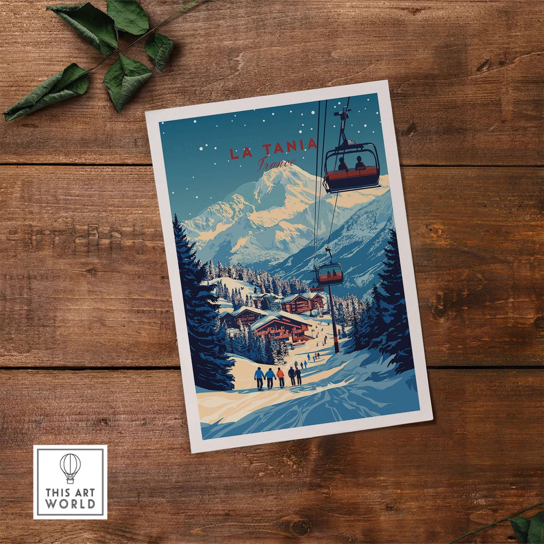 Retro La Tania ski print showcasing a snowy alpine scene with skiers, chairlift, and mountain backdrop on wooden surface.