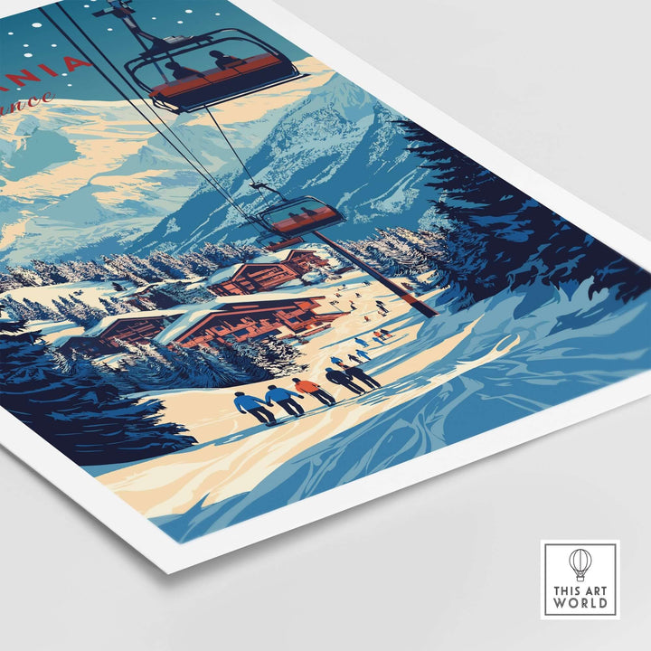 La Tania Wall Art Ski Print featuring a picturesque alpine scene with ski slopes and a ski lift in vibrant colors.