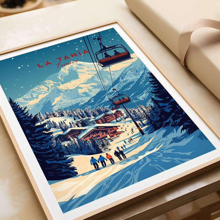 La Tania Wall Art Ski Print featuring alpine scenery with ski slopes, chairlift, and people enjoying the winter landscape.