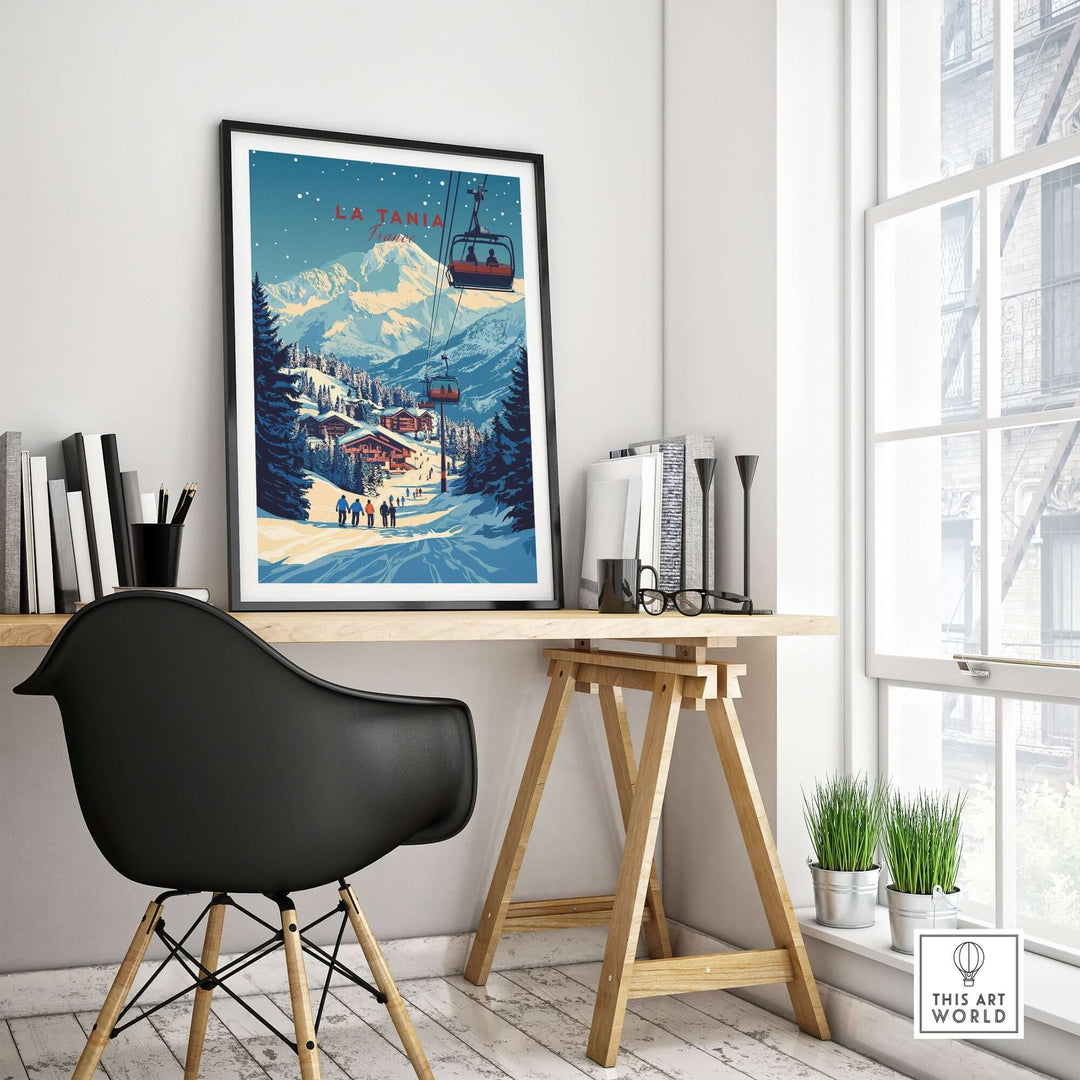 La Tania Wall Art Ski Print showcasing a scenic alpine village with ski slopes, ideal for mountain-inspired home decor.