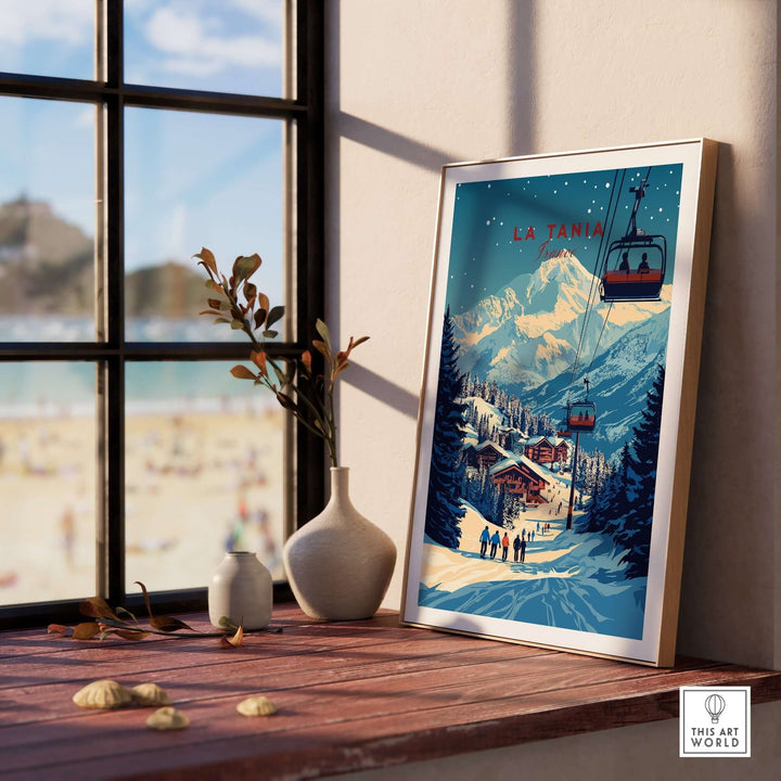 La Tania Wall Art Ski Print showcasing a scenic alpine village and ski lift, enhancing home décor with a mountain theme.