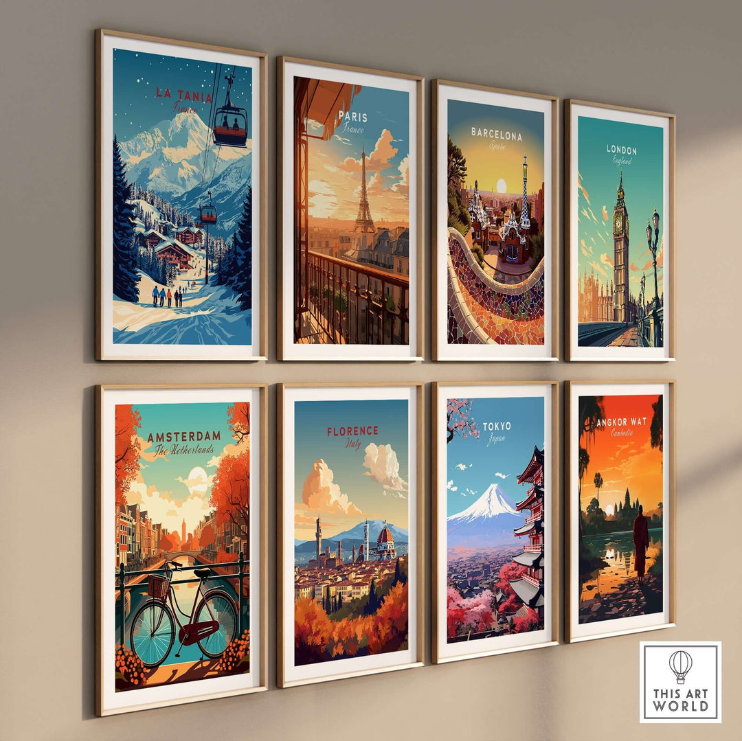 La Tania Wall Art Ski Print among other city-themed prints, showcasing vibrant designs and mountain scenery.