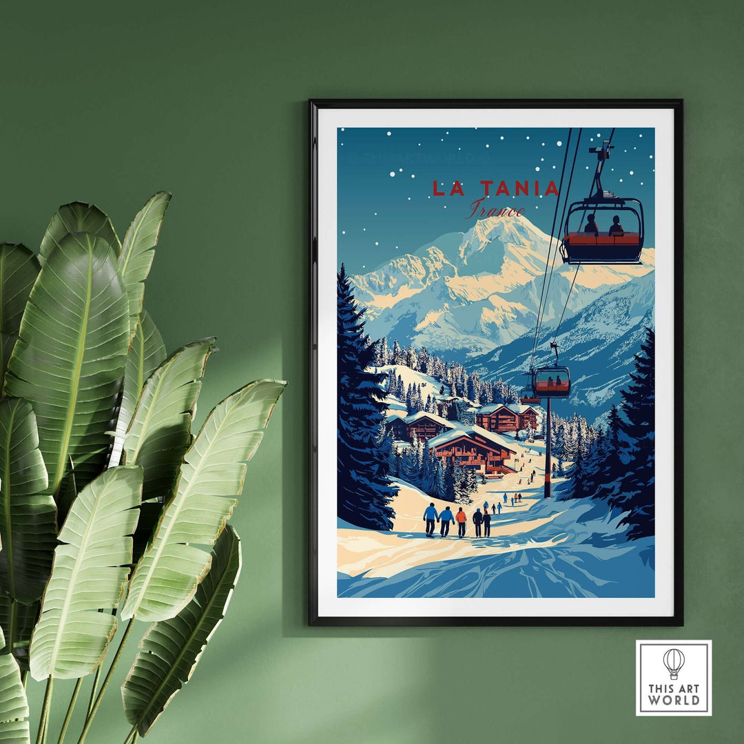 La Tania ski print featuring a snow-covered landscape, ski lifts, and a charming alpine village, perfect for wall decor.