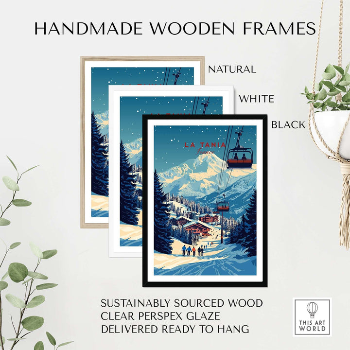 Handmade wooden frames in natural, white, and black for La Tania ski wall art, made from sustainably sourced wood.