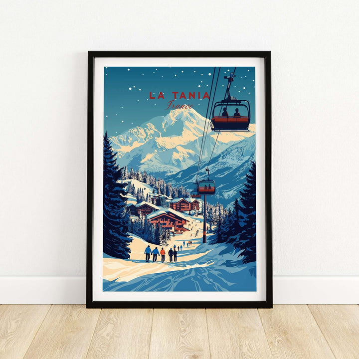 La Tania wall art ski print showcasing a stunning alpine village with ski slopes and gondolas in a vibrant blue and white design.