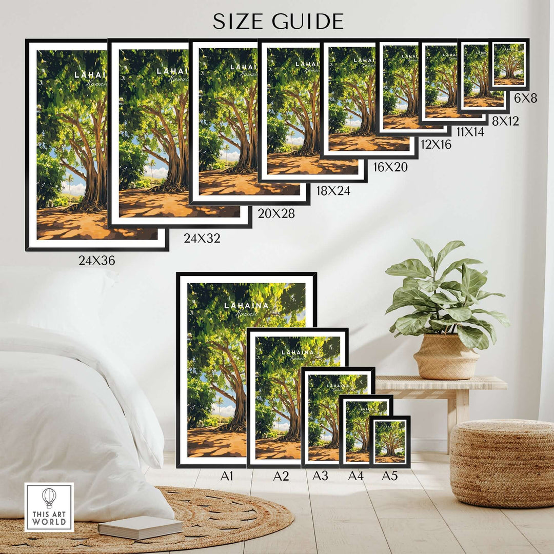 Size guide for Lahaina Banyan Tree poster showcasing various frame sizes on a stylish home decor setting.