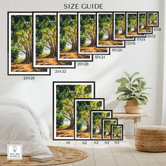 Lahaina Banyan Tree Poster size guide showcasing various dimensions for home decor 
