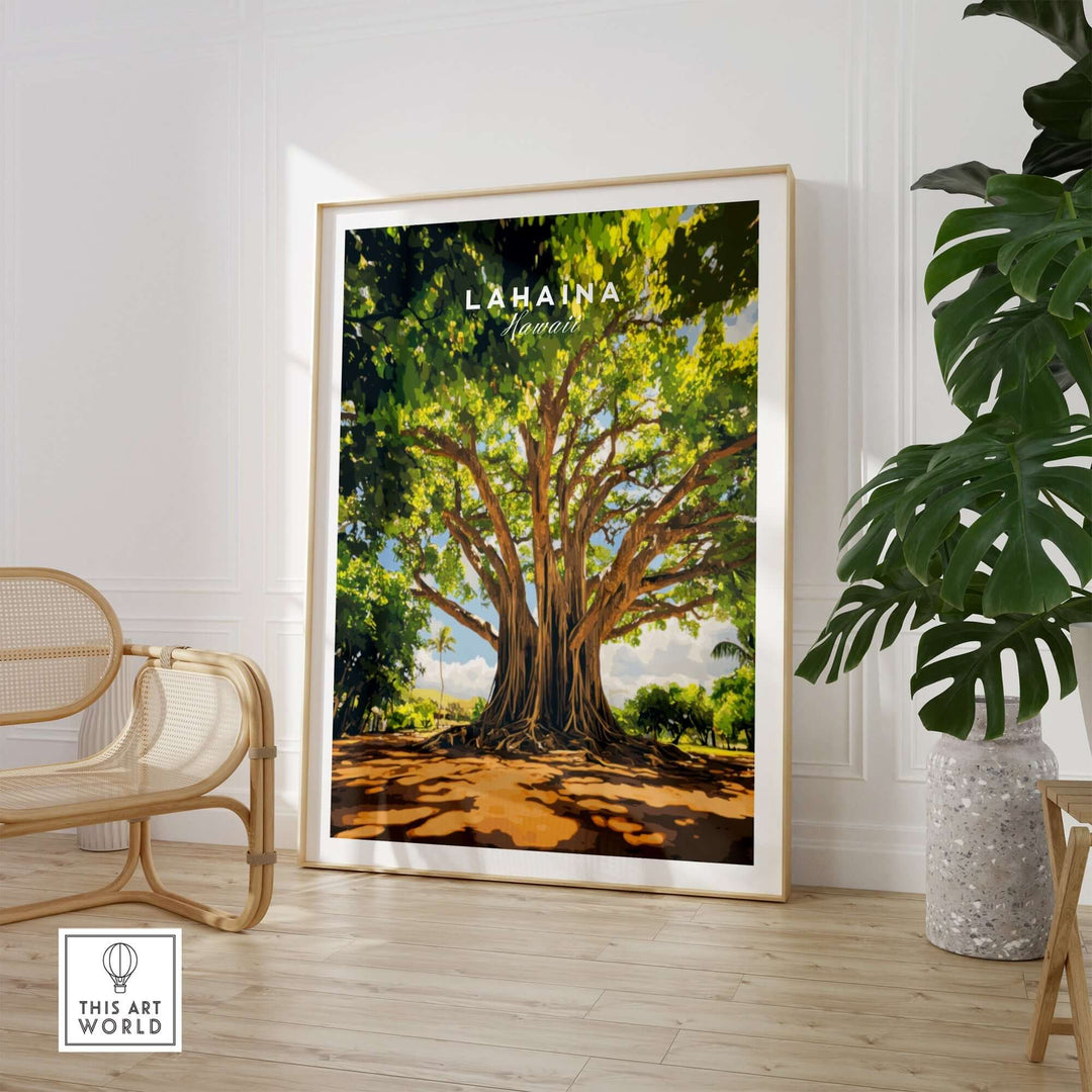 Lahaina Banyan Tree poster featuring vibrant greenery and detailed artwork in a stylish interior setting.