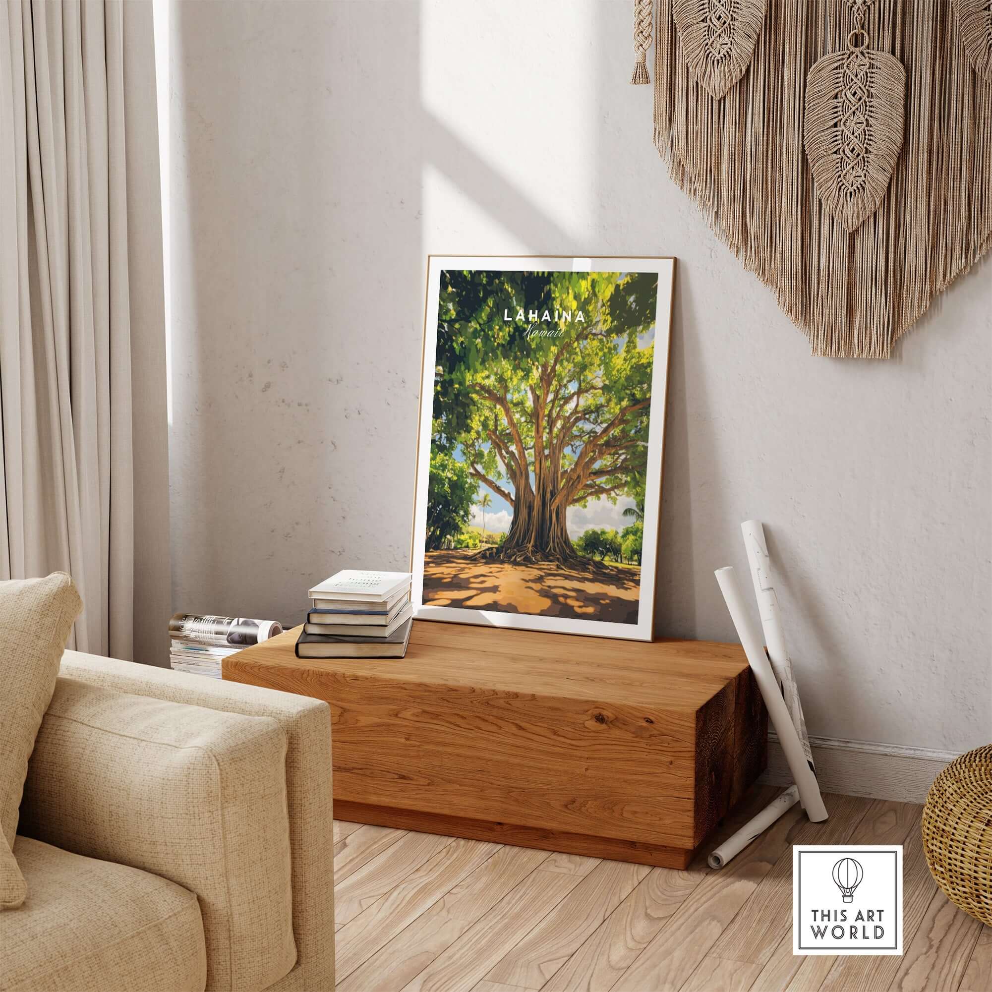 Lahaina Banyan Tree Poster displayed in a cozy interior with natural decor and wooden furniture.