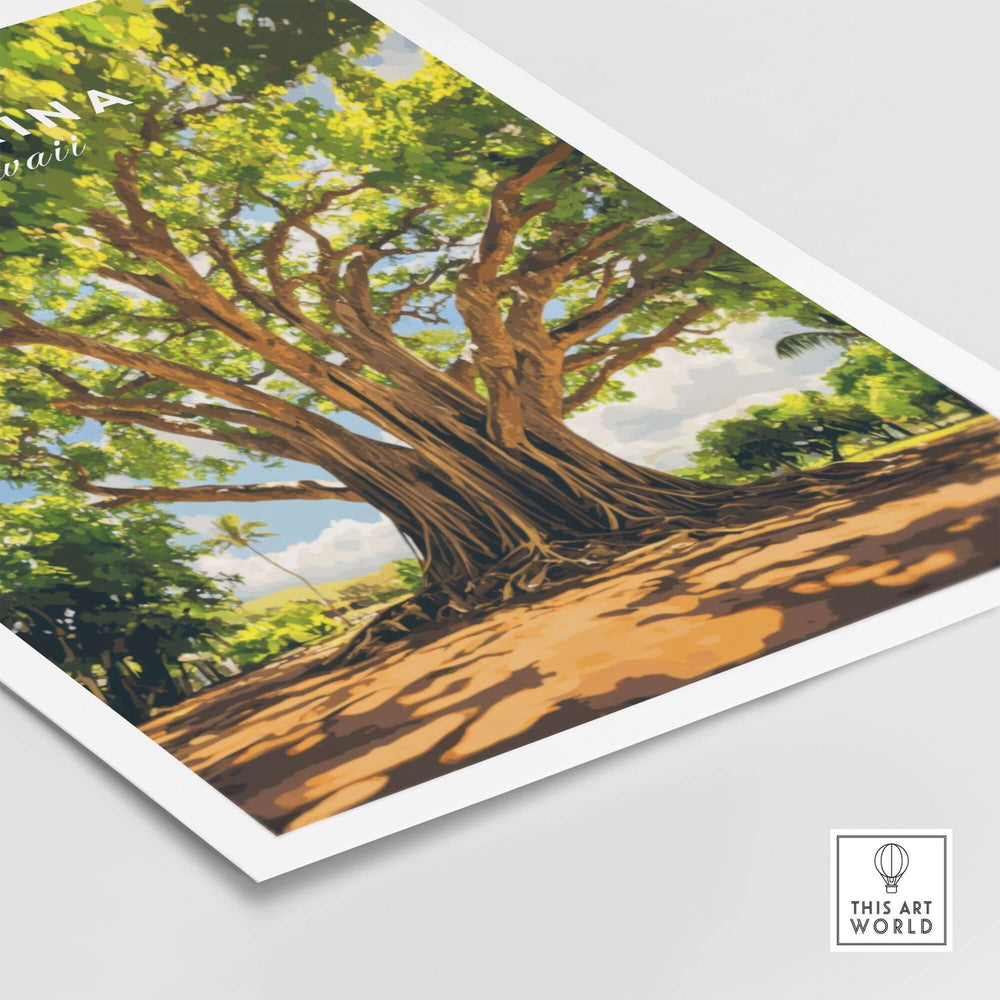 Lahaina Banyan Tree poster featuring vibrant artwork of a majestic tree in a sunny landscape.