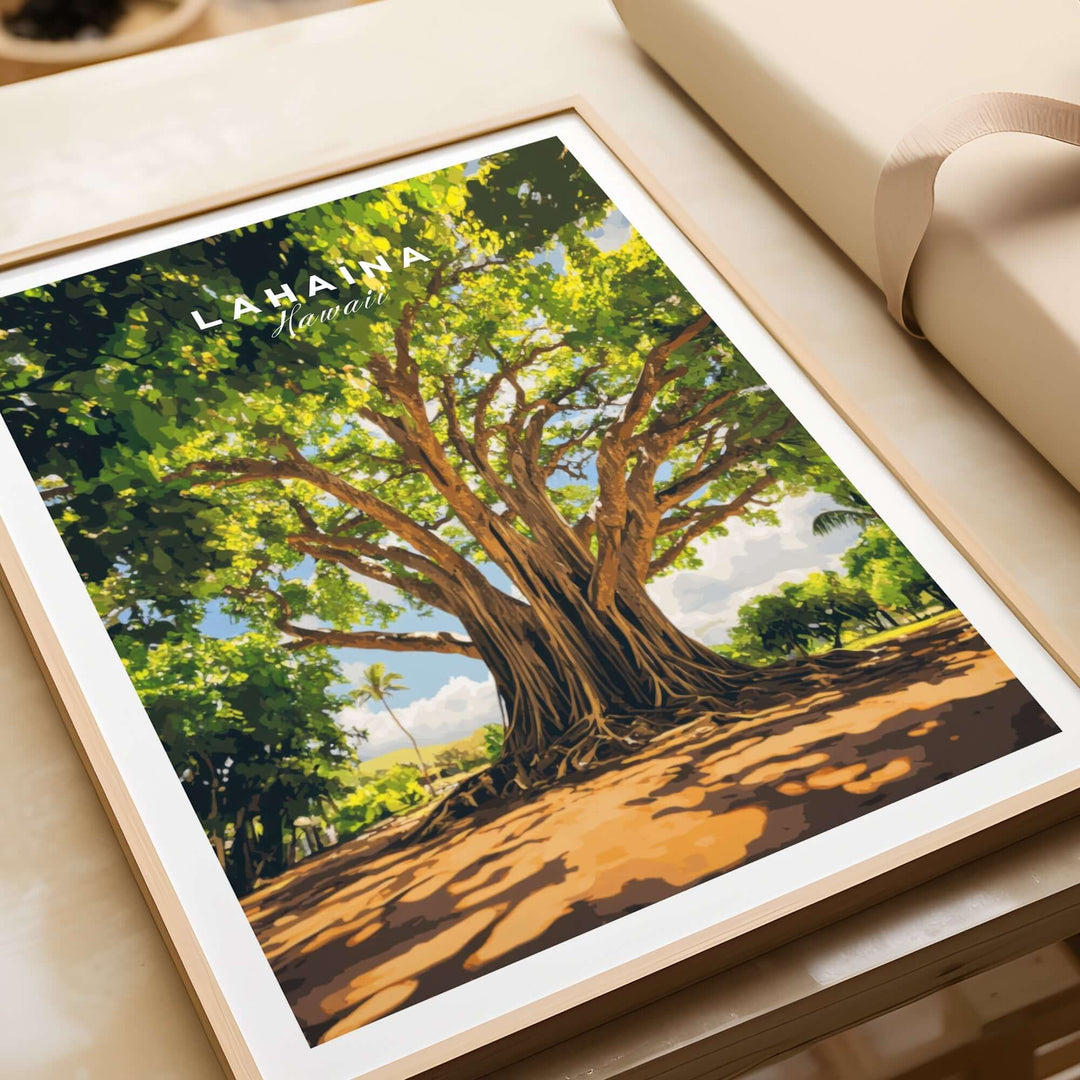 Lahaina Banyan Tree poster featuring a vibrant illustration of the iconic tree in Hawaii, framed and displayed decoratively.