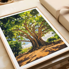 Lahaina Banyan Tree Poster featuring a vibrant depiction of the iconic banyan tree in Maui.